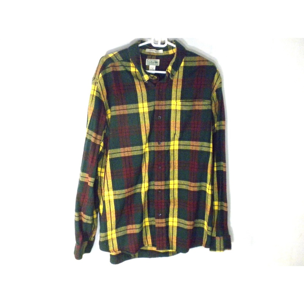 L.L. Bean Shirt Mens L Green‎ Red Scotch Plaid Flannel Traditional Fit 228061